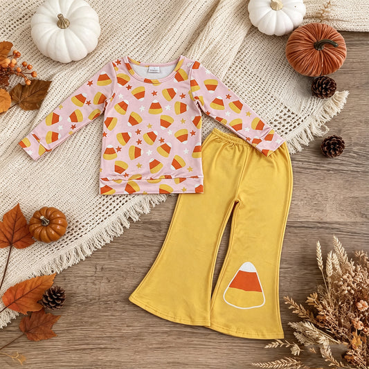 NEW RTS NO MOQ milk silk GLP3535 Baby Girls Pink Print Long Sleeve Top Yellow Flare Pants Halloween Set