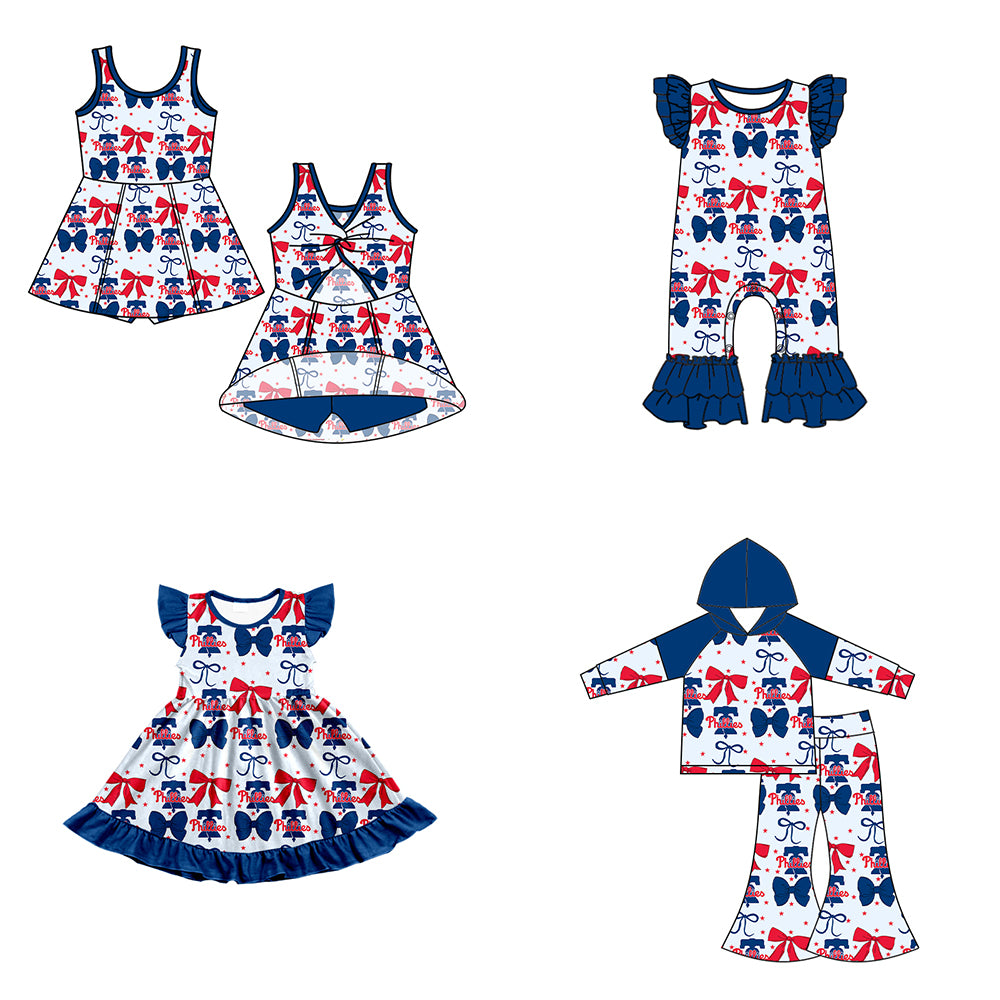 Custom moq 5 mix size milk silk summer teams baby girls clothes team bow blue long sleeve hooded pants sets and dress 1 and dress 2 and romper-25.6.16