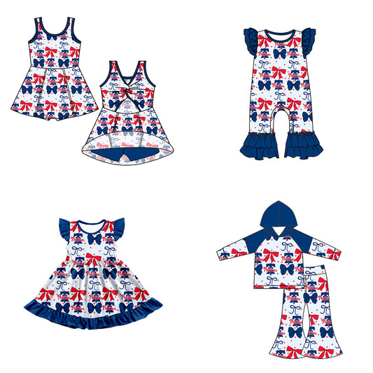 Custom moq 5 mix size milk silk summer teams baby girls clothes team bow blue long sleeve hooded pants sets and dress 1 and dress 2 and romper-25.6.16