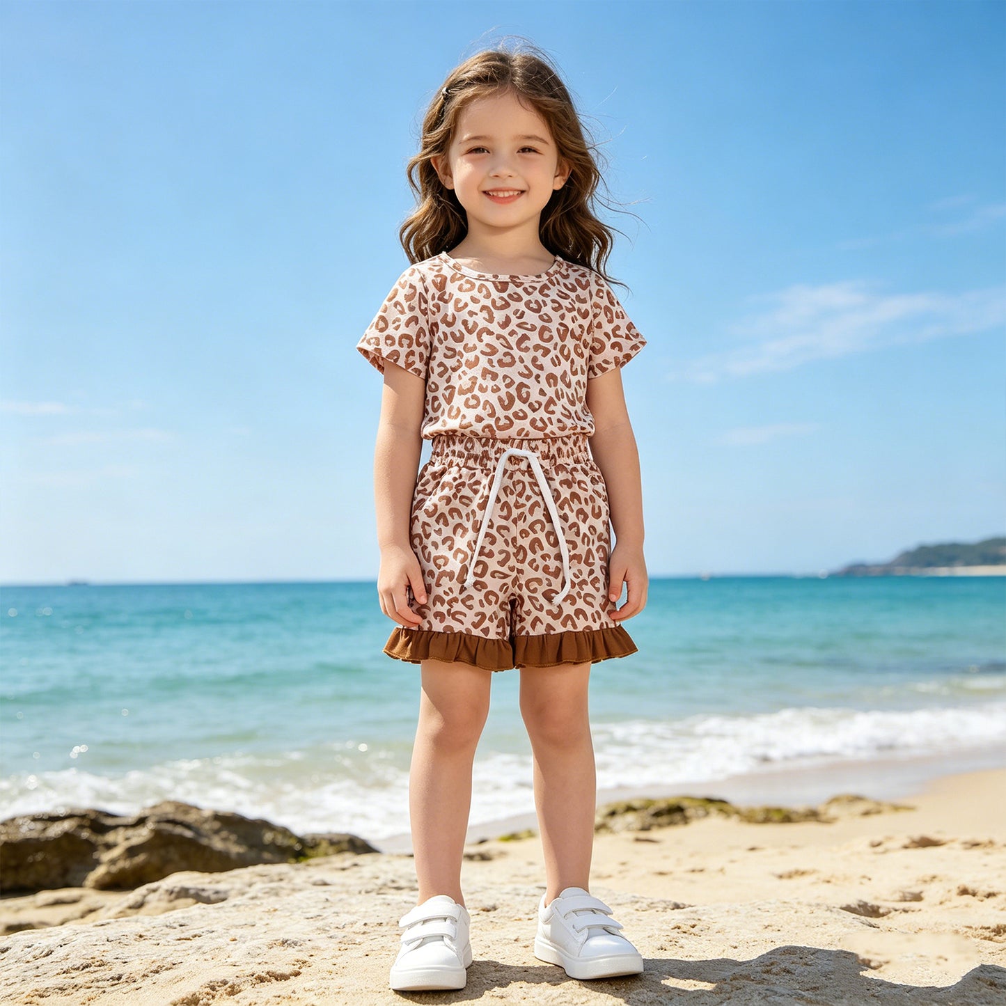 RTS NO MOQ GSSO3292 Baby Girls Leopard Printed Khaki Top Pocket Ruffle Short Pajama Sets