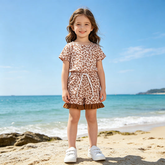 RTS NO MOQ GSSO3292 Baby Girls Leopard Printed Khaki Top Pocket Ruffle Short Pajama Sets