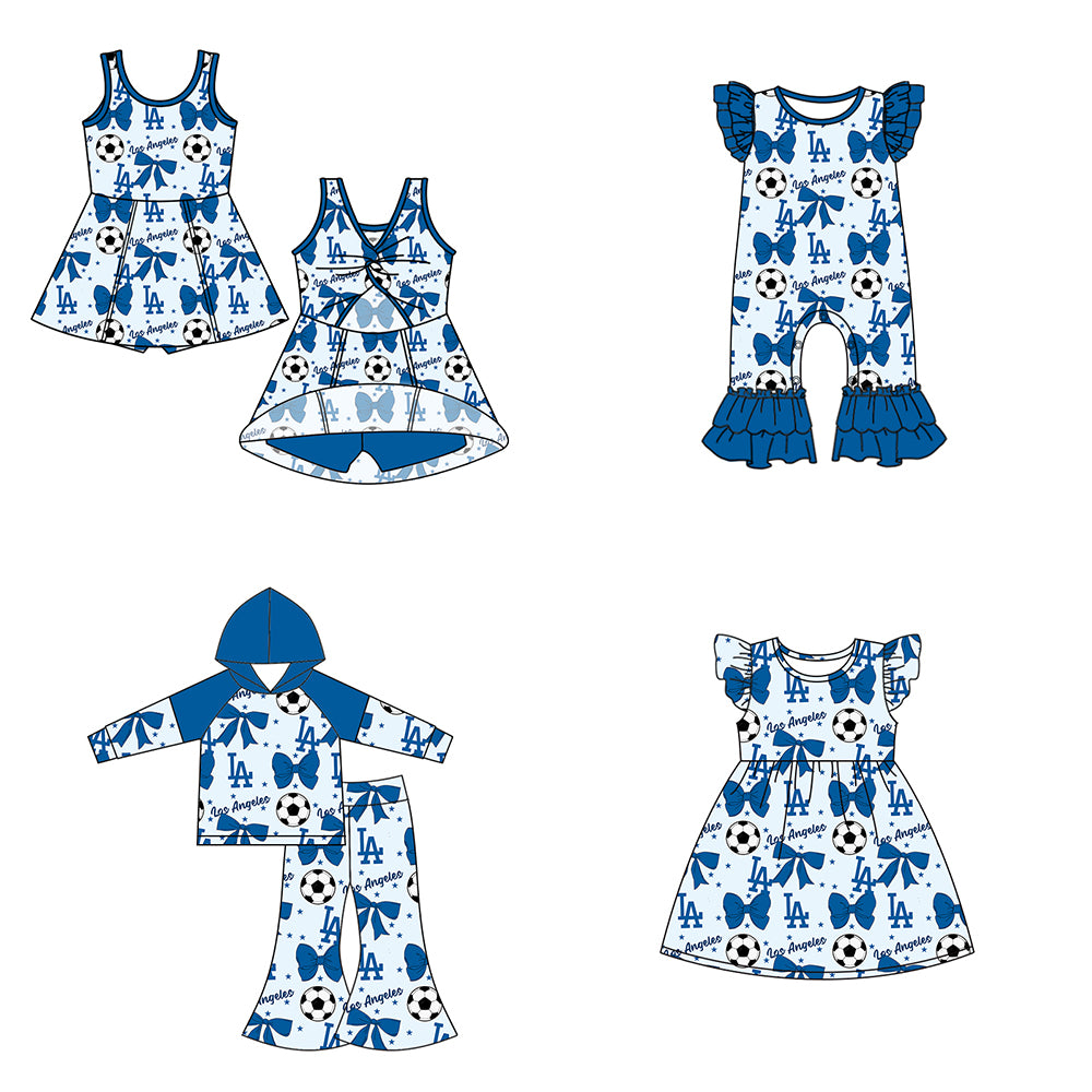 Custom moq 5 each style summer teams baby girls clothes team bow blue long sleeve hooded pants sets and dress 1 and dress 2 and romper-25.6.14