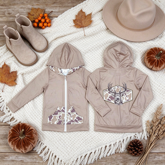 NEW RTS NO MOQ milk silk GT1144 Baby Girls Khaki Camo Deer Pocket Zip Hoodie Jackets Top Casual Daily Outfit