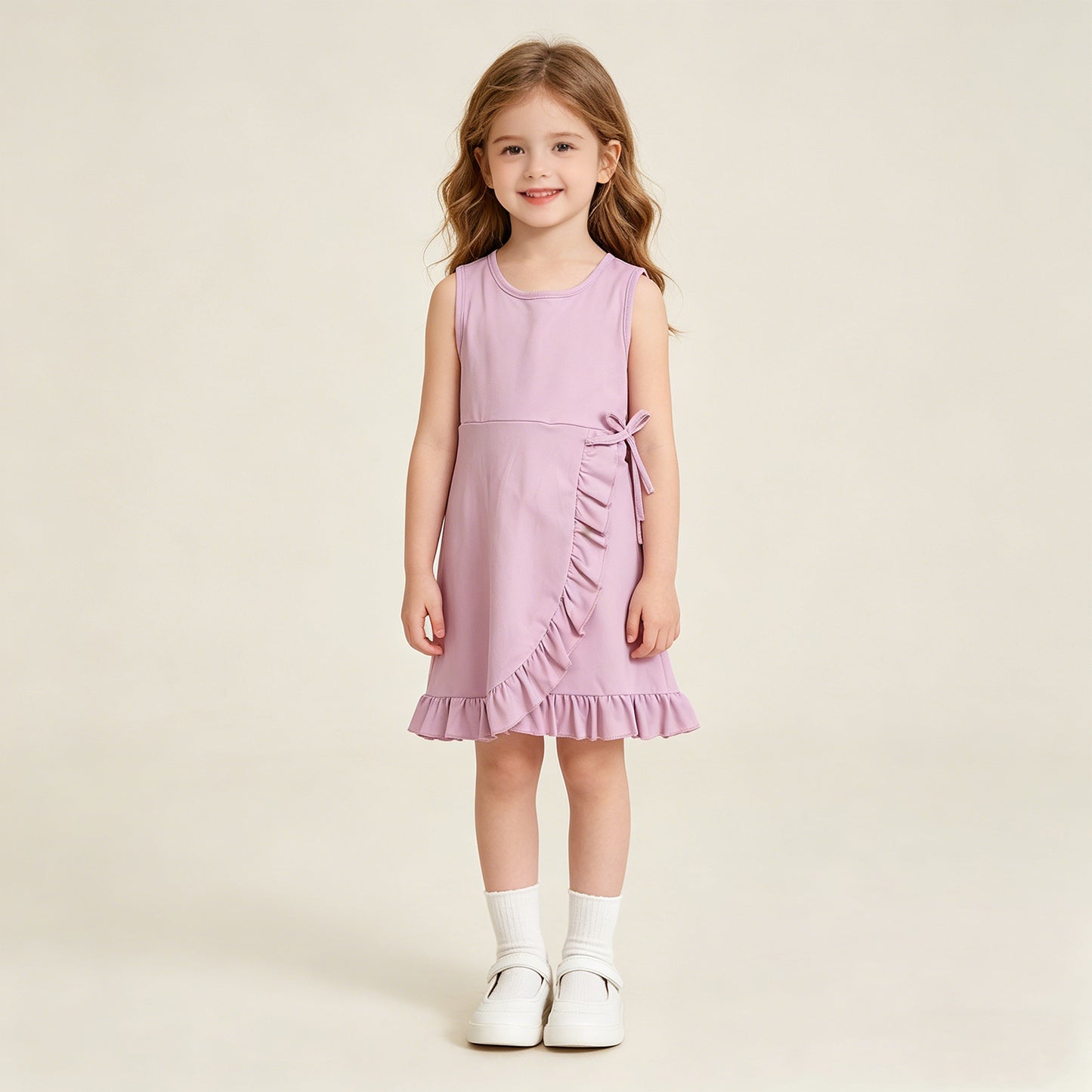 RTS NO MOQ GSD3034 Baby Girls Ruffle Knee Length Dress Pink Sleeveless Yoga Active Casual Outfit