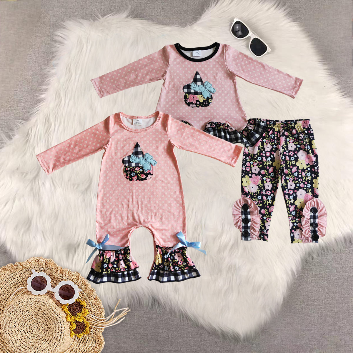 RTS NO MOQ Sibling baby girls clothes embroidery pumpkin long-sleeved trousers suit & romper