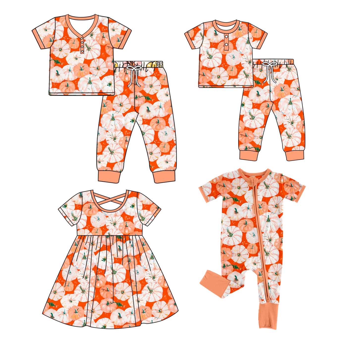 4.26 custom each style moq 5eta 4-6week Sibling Sister pumpkin short sleeve pants sets and adult sets and dress and romper match design