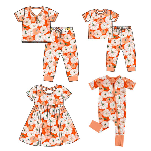 4.26 custom each style moq 5eta 4-6week Sibling Sister pumpkin short sleeve pants sets and adult sets and dress and romper match design