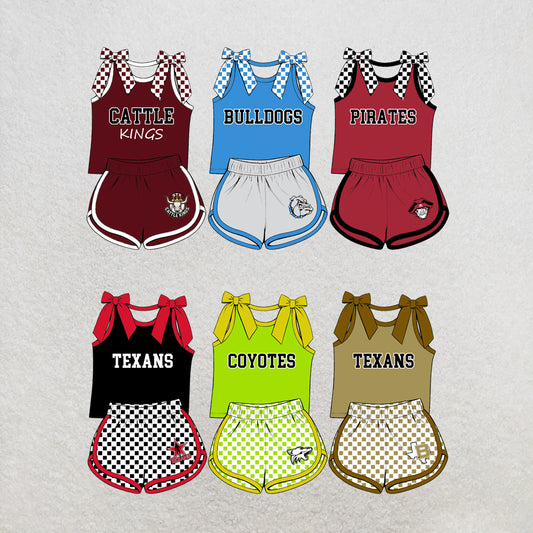 custom moq 5 mix size MSD070807 Baby Girls Summer Checked Bow Sleeveless Tank Top Checked Elastic Waist Shorts Set