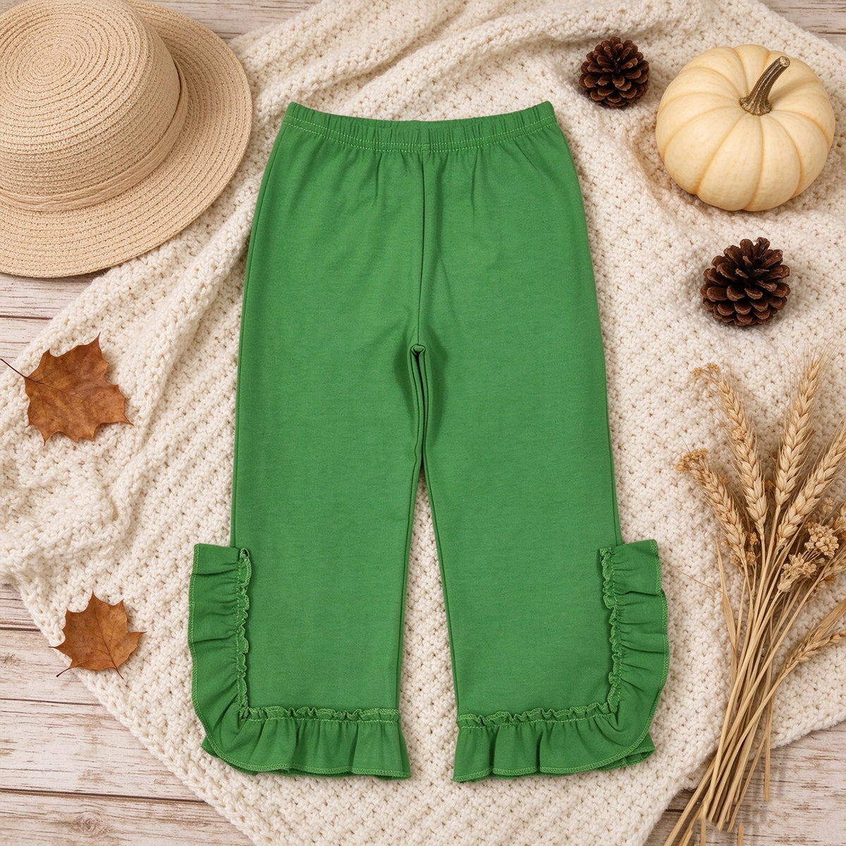 NEW RTS NO MOQ cotton P1165 Baby Girls Green Ruffle Flare Pants Bottom Casual Flared Bottom