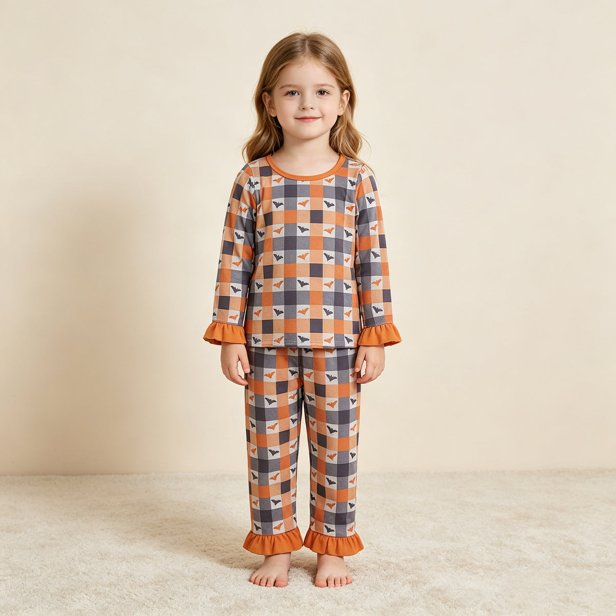 NEW RTS NO MOQ milk silk GLP3533 Baby Girls Halloween Checked Bat Print Long Sleeve Top Matching Ruffle Hem Pants Pajamas Set