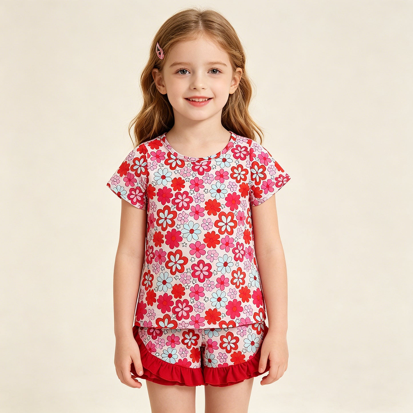 RTS NO MOQ GSSO3471 Baby Girls Cute Floral Top Ruffle Shorts Clothes Sets