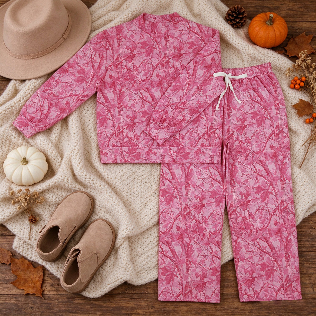 NEW RTS NO MOQ milk silk GLP3651 （GT1824+P1138）Adult Women Hot Pink Tree Camo Print Neck Long Sleeve Sweatshirt Pants Casual Set