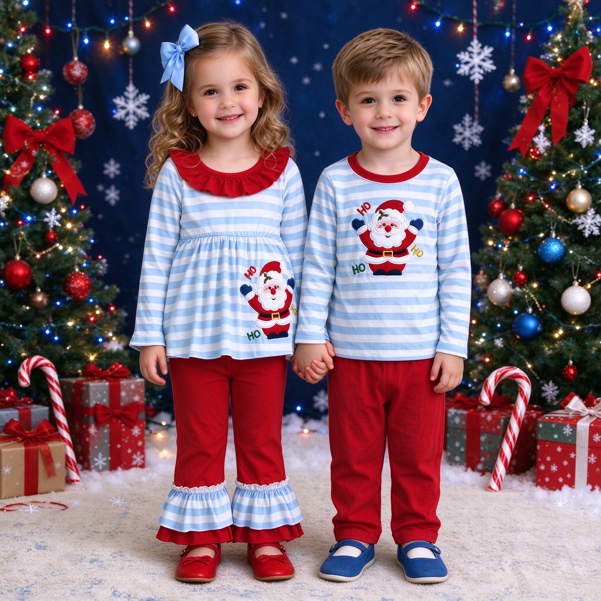 Baby Kids Christmas Santa HO Stripe Collection - Ruffle Peplum Set & Red Lounge Set