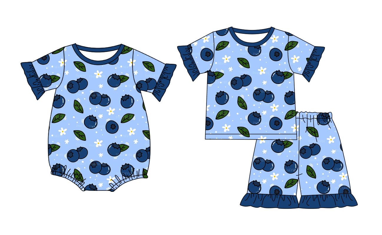 Custom moq 5 mix size Sibling blue Short-Sleeved Baby Girl Pajama Set with Top And Shorts Romper for Little Ones