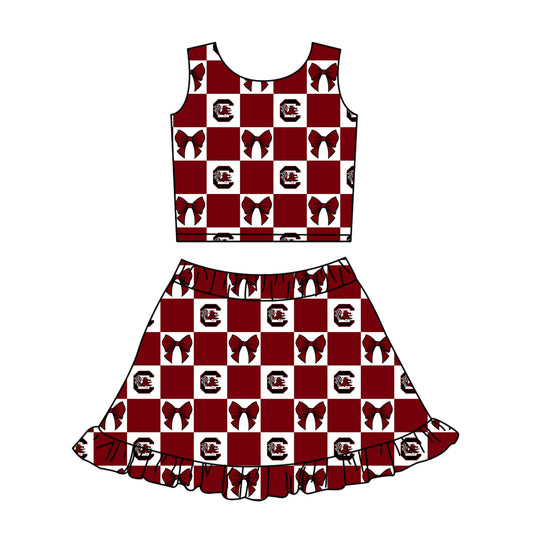 Custom moq 3 or 5 mix size milk silk summer teams baby girl clothes bow dark red sleeveless skirts sets-26.1.20