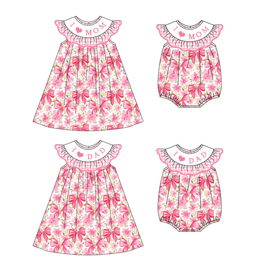 4.22 custom each style moq 5eta 4-6week Sibling Sisters I LOVE MOM DAD bow floral girl short sleeve dress and rompers match family design