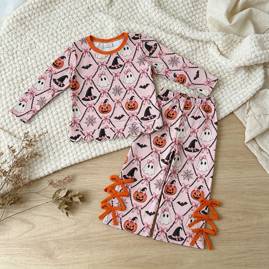 NEW RTS NO MOQ milk silk GLP3434 Baby Girls Ghost Pumpkin Print Scallop Trim Long Sleeve Top Elastic Waist Bow Pants Halloween Set