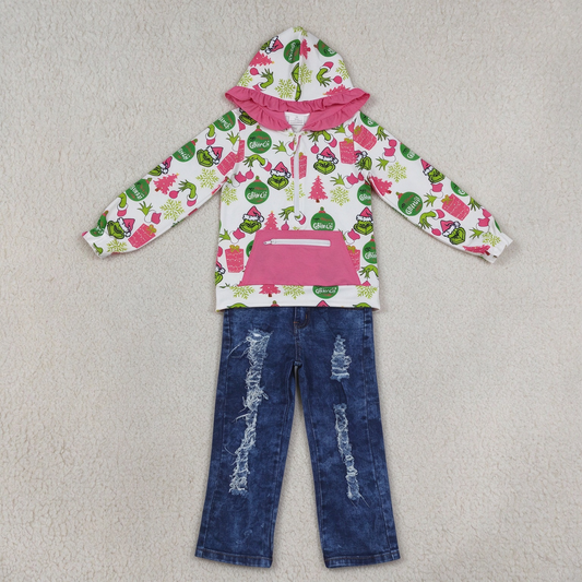 NEW RTS NO MOQ Denim GT1164+ P0197 Cute Clothes Baby Girls Christmas Print Ruffle Hoodie Zip Top Distressed Flare Jeans Set