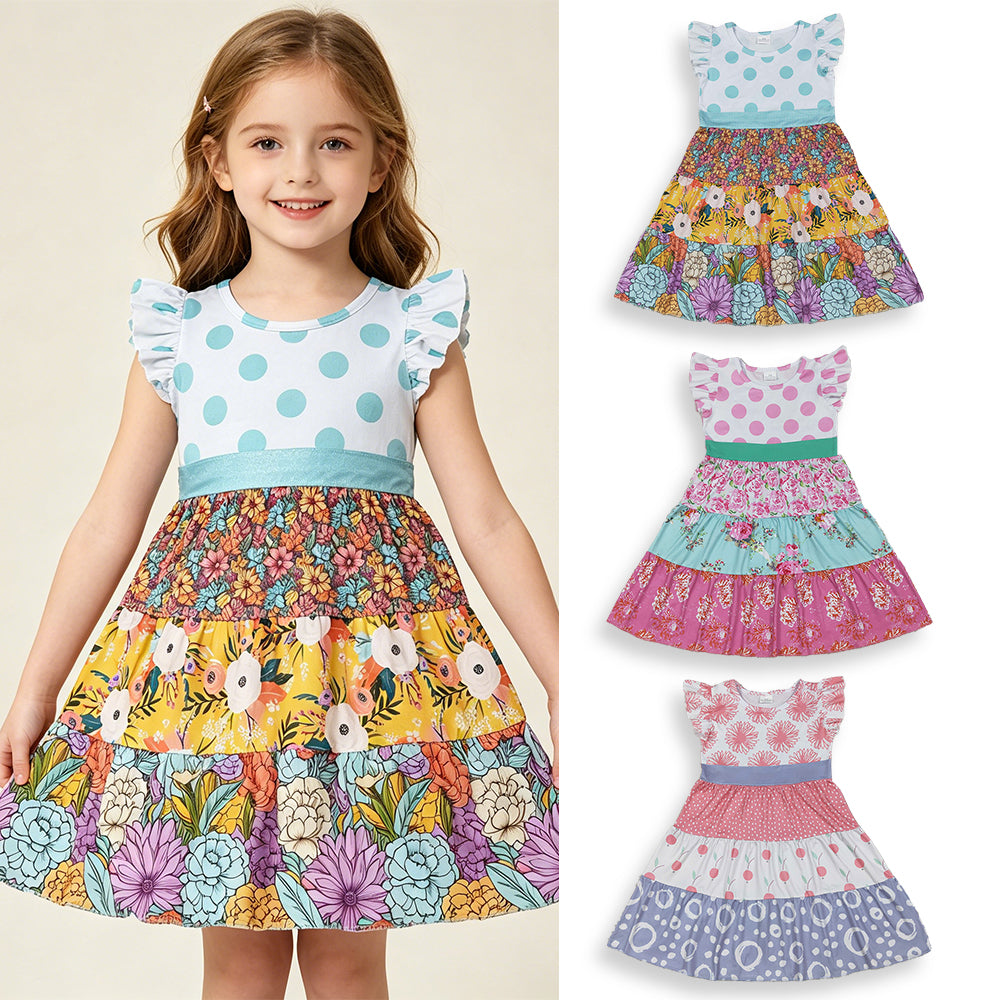 RTS NO MOQ Sibling Baby Girls Flowers Patchwork Flutter Sleeves Knee-Length Dress