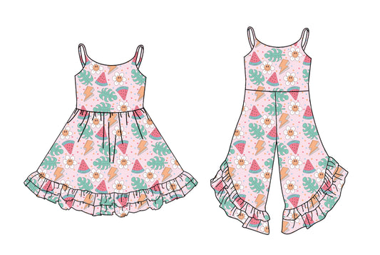 25.12.27 custom each style moq 5 eta 6-8week Sibling Sister watermelon baby short sleeve dress and jumpsuit match design