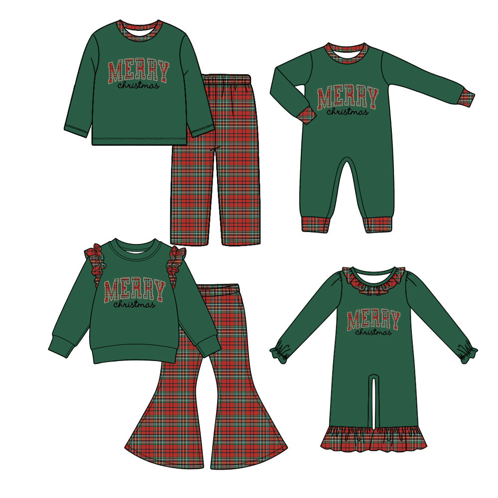 (Preorder new) No moq Baby Merry Christmas Letter Print Kids Outfit Dark Green Top Red Plaid Pants Matching Zipper Romper