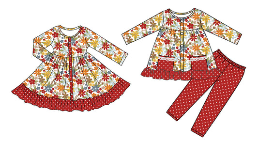 25.5.8 custom each style moq 5eta 4-6week Sibling Sisters floral baby girl long sleeve pants sets and dress match family design