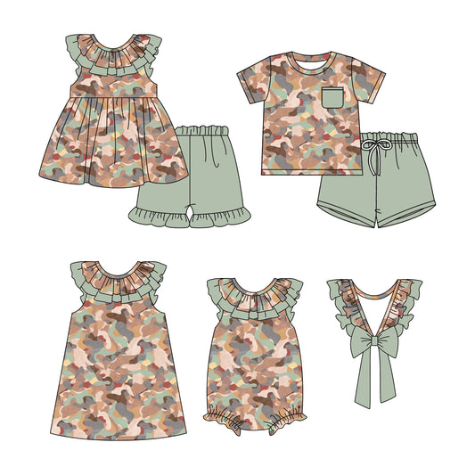11.28 custom each style moq 5eta 4-6week Sibling Sister camouflage baby girl short sleeve shorts sets and sets 2 and girls romper and dress match design