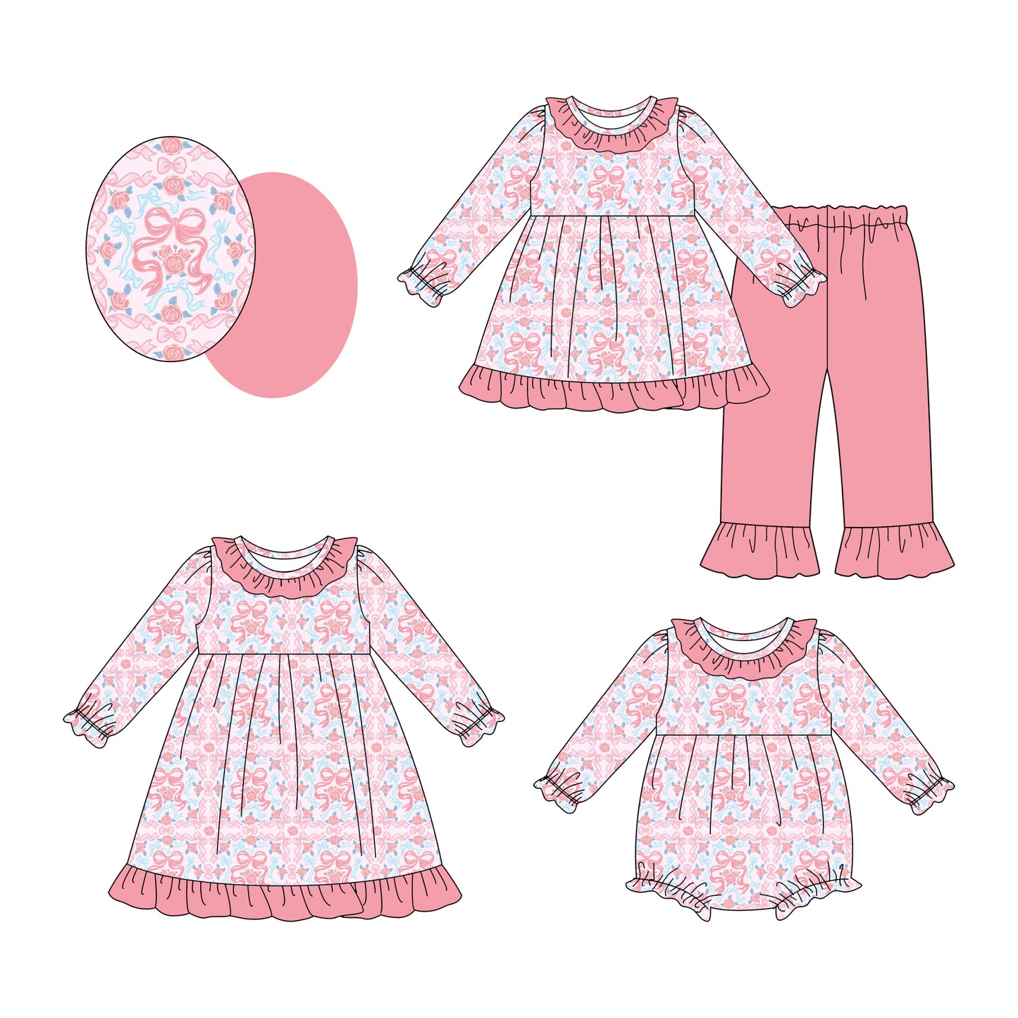 25.7.28 custom each style moq 5eta 4-6week Sibling Sisters bow baby girl long sleeve pants sets and dress and rompers match family design