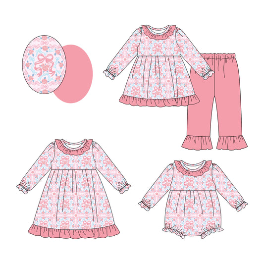 25.7.28 custom each style moq 5eta 4-6week Sibling Sisters bow baby girl long sleeve pants sets and dress and rompers match family design