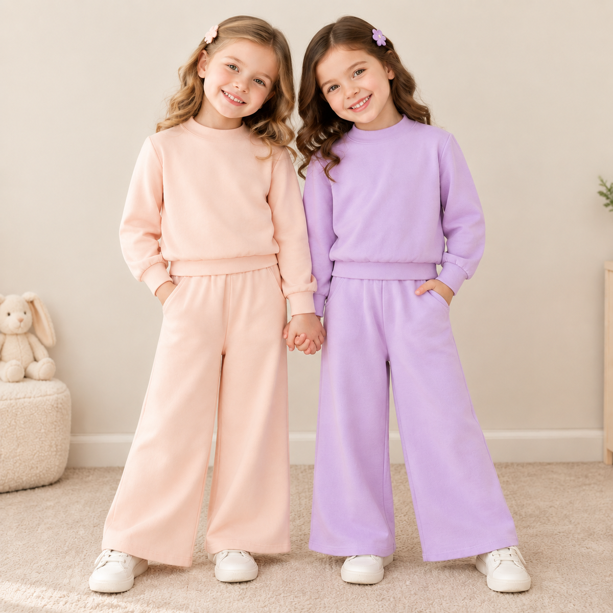 RTS NO MOQ Sibling cotton Baby Girls Solid Color Mock Neck Long Sleeve Top and Elastic Waist Wide Leg Pants Set