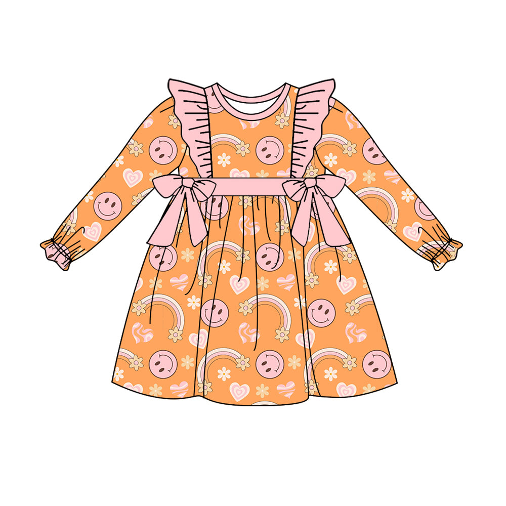 6.19 custom each style moq 5eta 4-6week Sibling Sister smiley orange baby girls sets and dress and rompers match family design