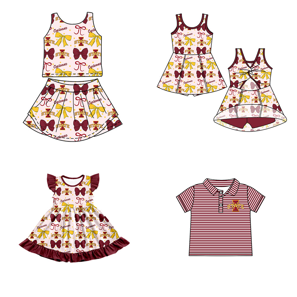 Custom moq 5 mix size milk silk summer teams baby girls clothes team bow red sleeveless skirts sets and dress 1 and dress 2 and top-25.6.21