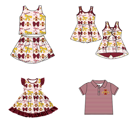Custom moq 5 mix size milk silk summer teams baby girls clothes team bow red sleeveless skirts sets and dress 1 and dress 2 and top-25.6.21