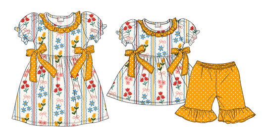 3.24  Custom moq 5 mix size Sibling Baby Girl's Flowers Short-Sleeved Top with Bow And Short Set Cute Short-Sleeved Dress for Summer