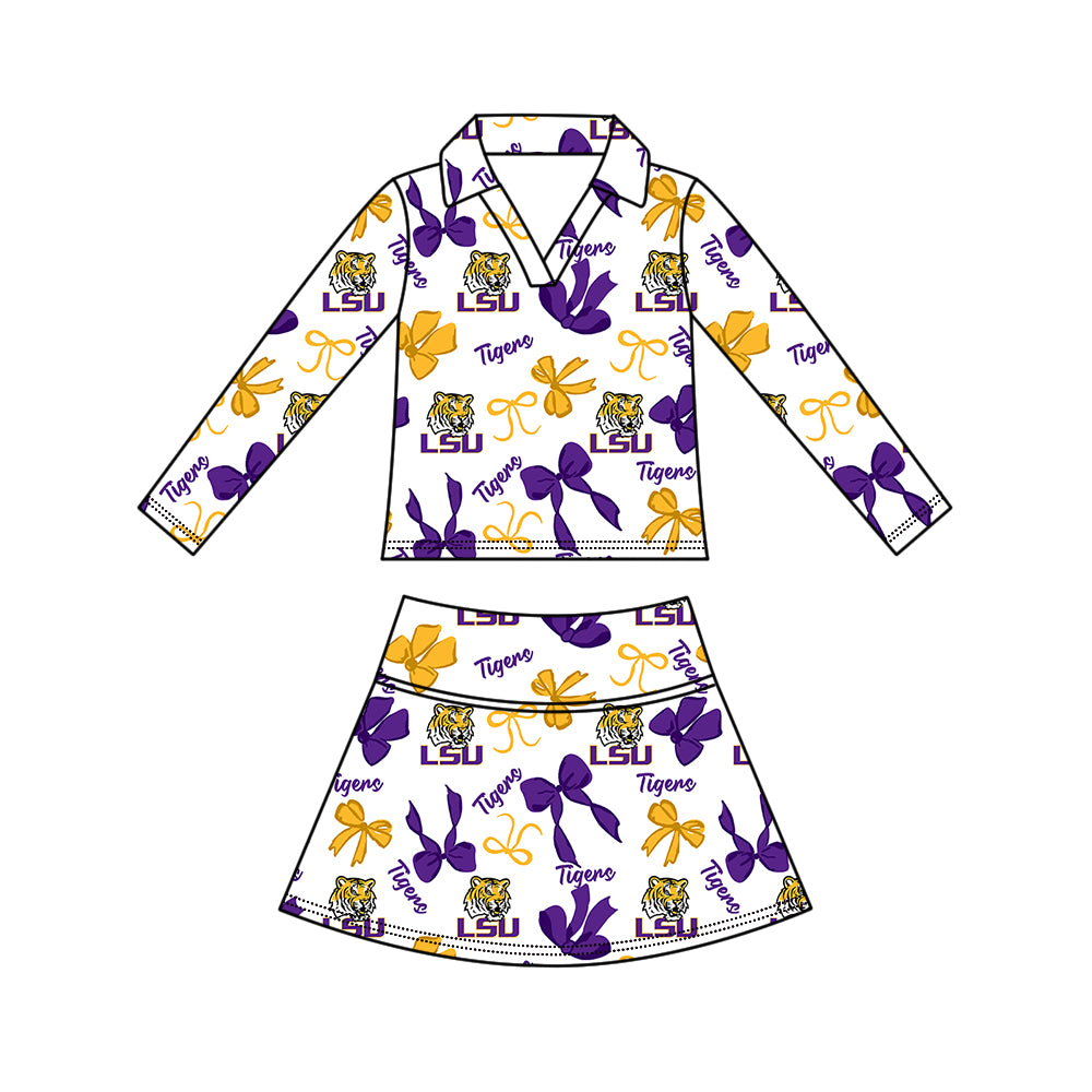 Custom moq 5 mix size summer teams Girls Polka Dot Top Shorts Set Purple Bows Top Skirt Short Set Zipper Pullover Pants Set