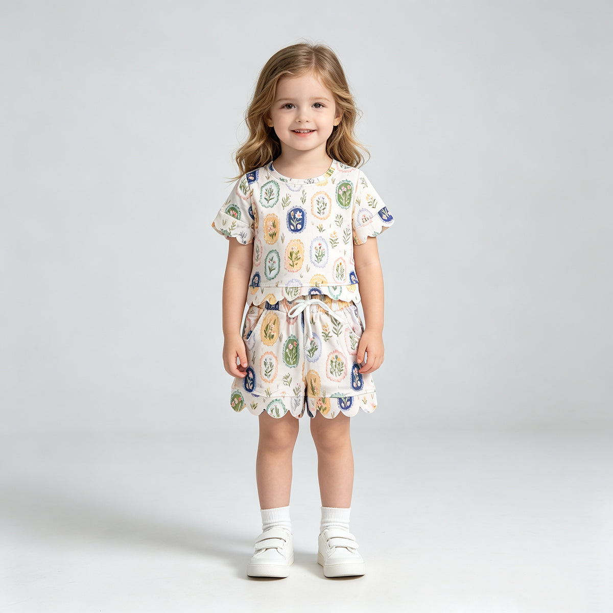 NEW RTS NO MOQ milk silk GSSO3643 Baby Girls Colorful Flowers Top Short Scallop Clothes Sets