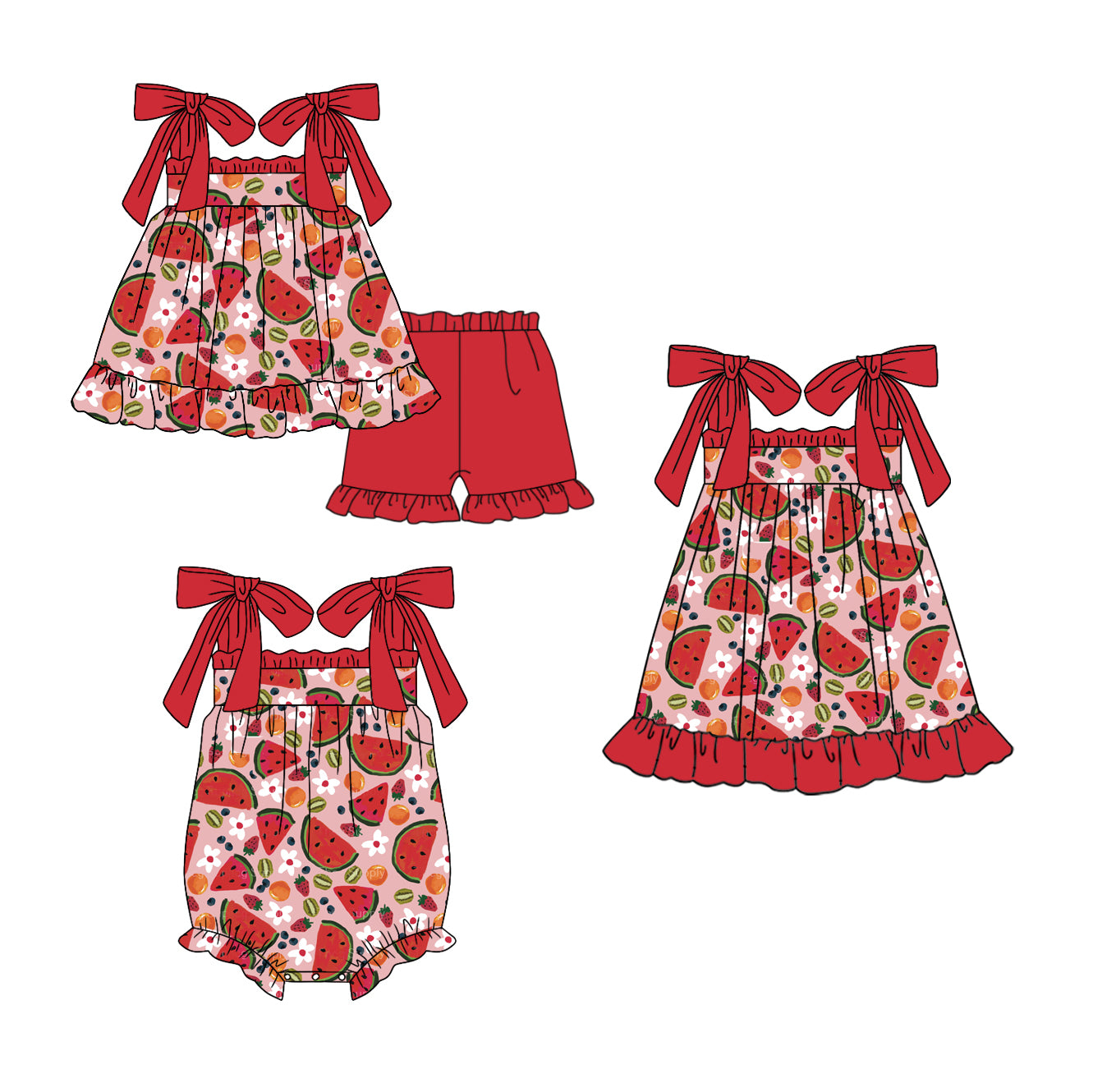 12.28 custom each style moq 5eta 4-6week Sibling Sister watermelon baby girl short sleeve shorts sets and dress and rompers match family design
