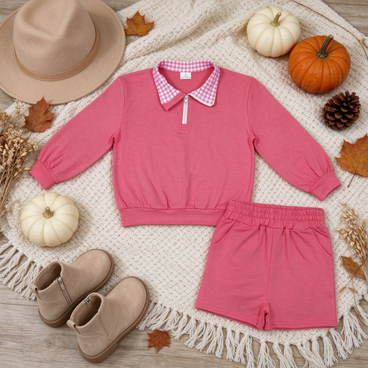 NEW RTS NO MOQ cotton GLS0225 Baby Girls Watermelon Red Long Sleeve Zip Front Pullover Side Pockets Short Set