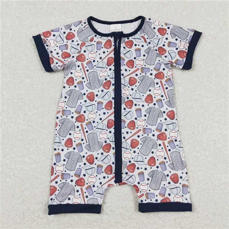 Baby boys Sporty Baseball Print Gray Blue Sibling Rompers Clothes Sets