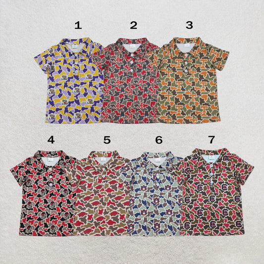 RTS NO MOQ Sibling milk silk Casual Camo Team Print Toddler Boys Short Sleeve Button Polo Tops
