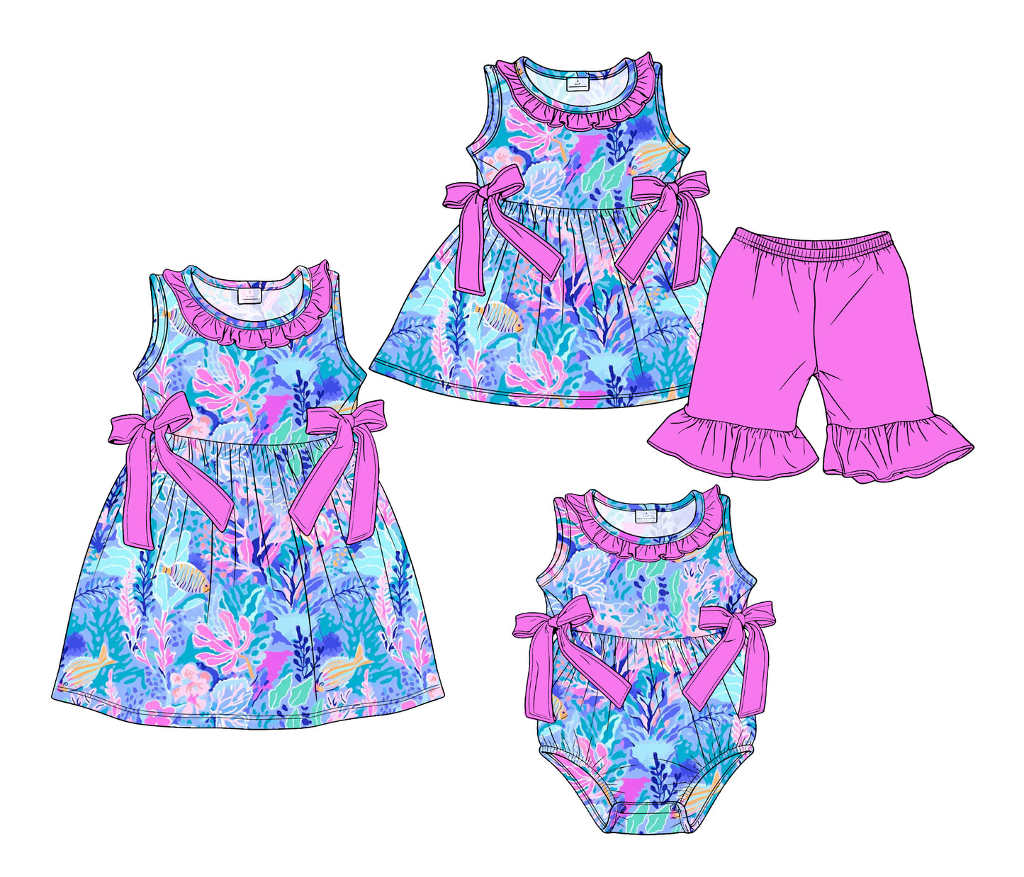 3.19 Custom moq 5 mix size Sibling Baby Girl's Sleeveless Tunic Ruffle Shorts Set Cute Romper Dress for Summer
