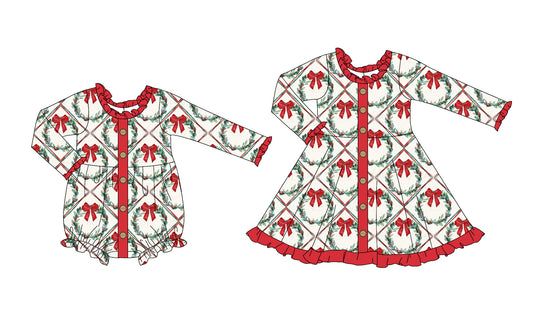 25.6.17 custom each style moq 5eta 4-6week Sibling Sisters Christmas bow baby girl long sleeve dress and rompers match family design