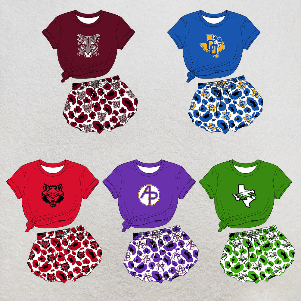 custom moq 5 mix size XY071507 Baby Girls Solid Short Sleeve Crew Neck Top Leopard Print Yoga Shorts Team Outfit Set