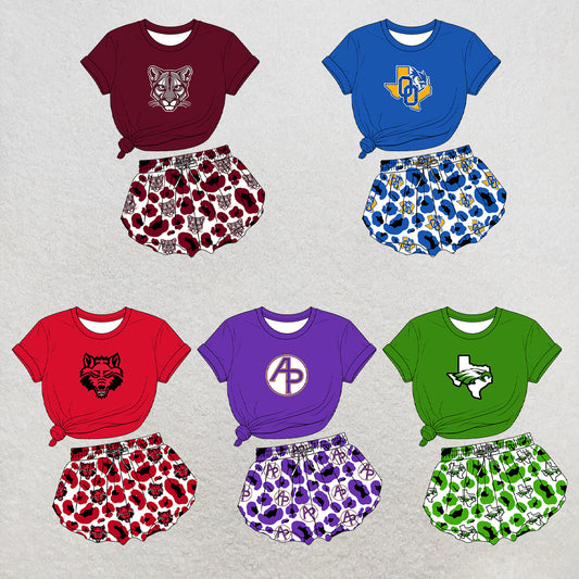 custom moq 5 mix size XY071507 Baby Girls Solid Short Sleeve Crew Neck Top Leopard Print Yoga Shorts Team Outfit Set
