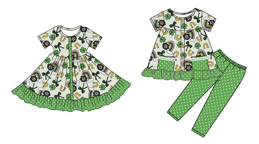 25.9.10 custom each style moq 5eta 4-6week Sibling Sisters bow green baby girl short sleeve pants sets and dress match family design