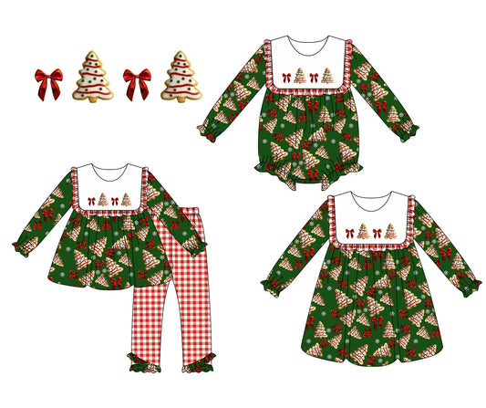 25.6.9 custom each style moq 5eta 4-6week Sibling Sisters Christmas trees bow green baby girl long sleeve pants sets and dress and rompers match family design