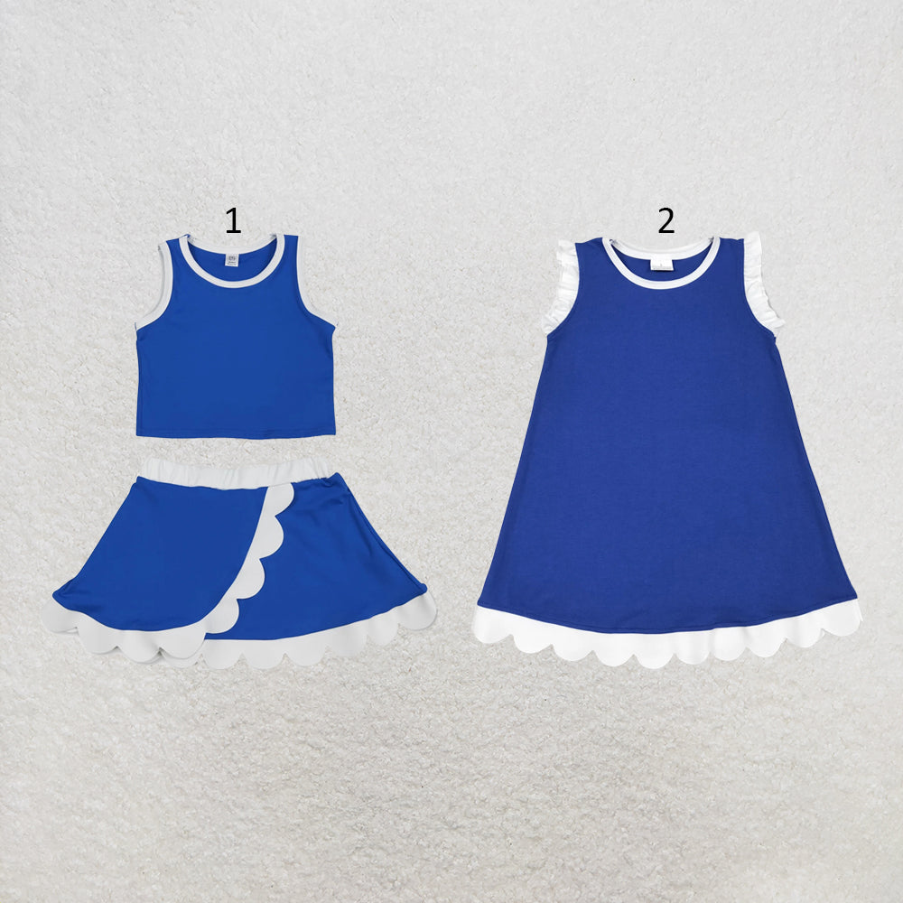 RTS NO MOQ Sibling cotton Baby Girls White Blue Sleeveless Vest And Scallop Hem Short Skirt Yoga Set Scallop Knee Length Dresses