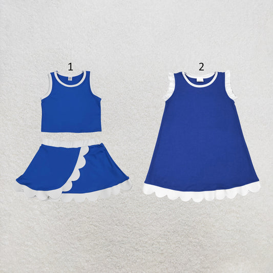 RTS NO MOQ Sibling cotton Baby Girls White Blue Sleeveless Vest And Scallop Hem Short Skirt Yoga Set Scallop Knee Length Dresses