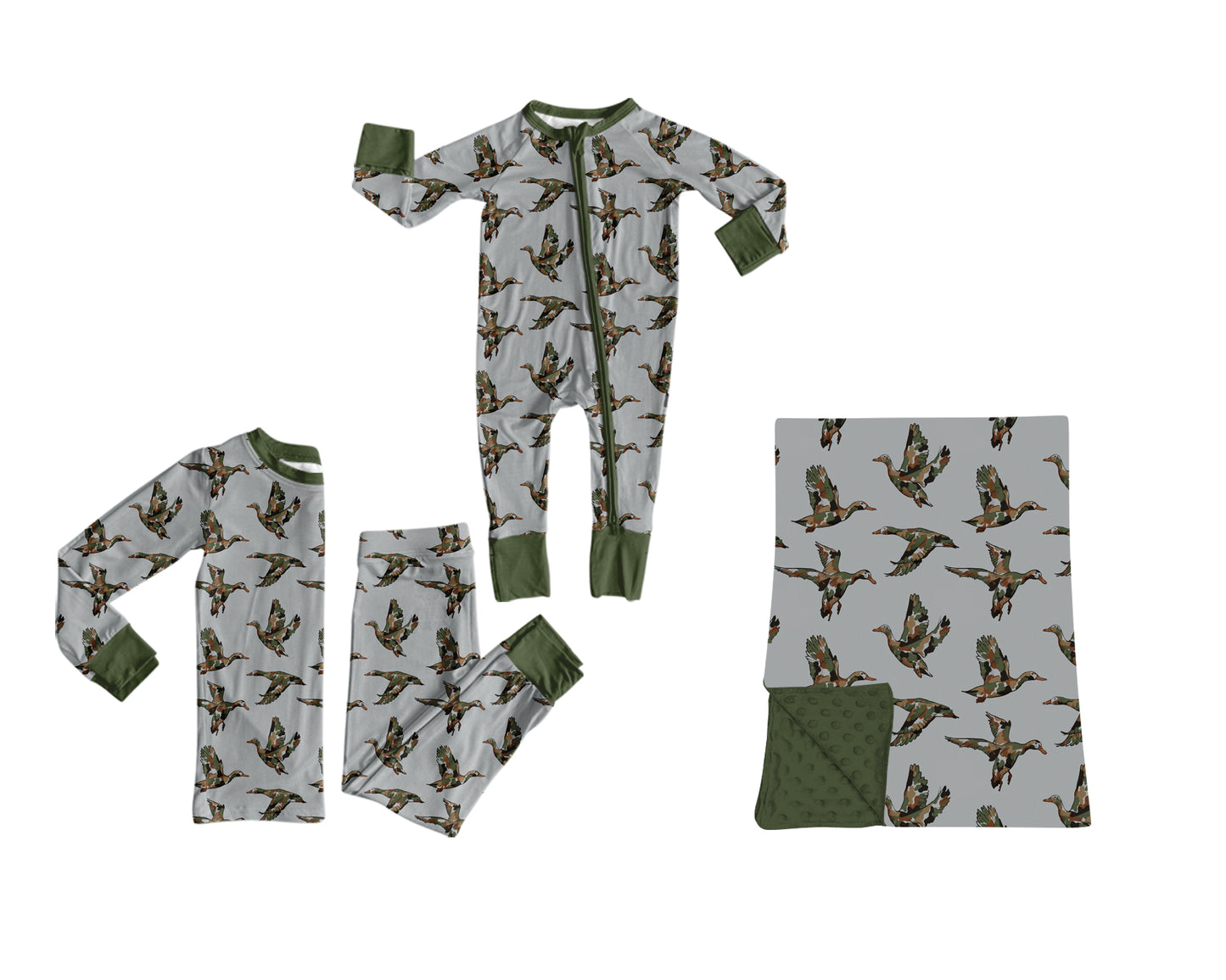 (Preorder new) No moq Boys Camo Ducks Hunting Print Long Sleeve Matching Pajamas Set Romper Blankets