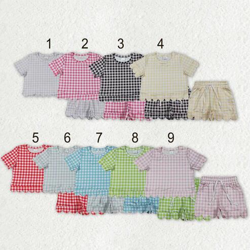 RTS NO MOQ Sibling Baby Girls Colorful Checked Shirt Top Scallop Short with Pockets Set Cute Clothes
